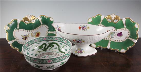 A Japanese dragon bowl, two Davenport flower painted dessert dishes and an English porcelain lozenge shaped bread bowl,